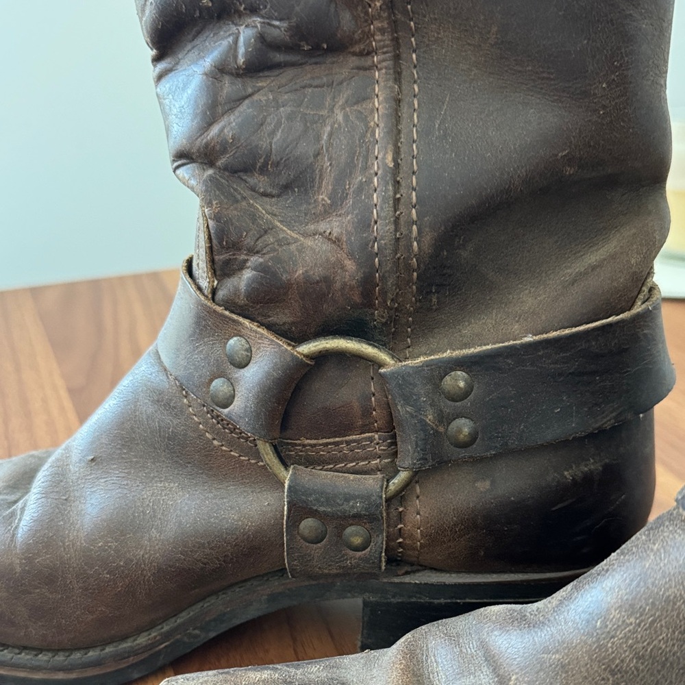 Frye Harness 12R Boots - women’s Brown Leather Mid-Calf Roper Boots - Picture 6 of 15